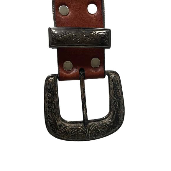 Vintage 1990s Boho Leather Medallion Belt Made in USA Brown Silver EUC - Picture 10 of 14